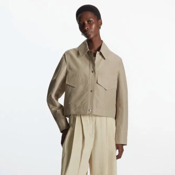 COS Linen Cotton Twill Snap Button Crop Jacket In Beige Size 8 - Picture 1 of 7